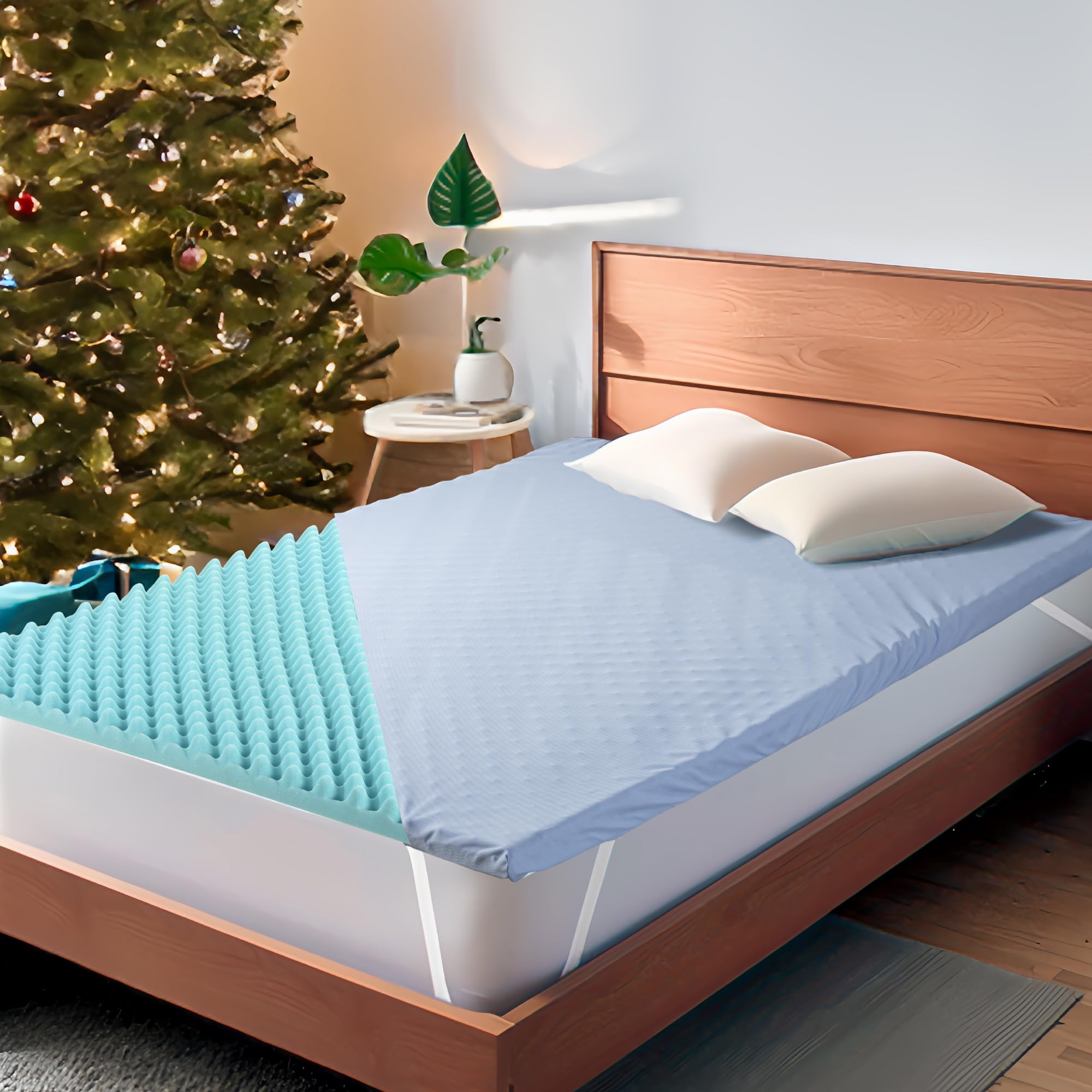 Breezerest Mattress Topper Queen 2 Inch Egg Crate Convoluted Cooling Gel Memory Foam With Bonus Machine Washable Cover,Air Flow